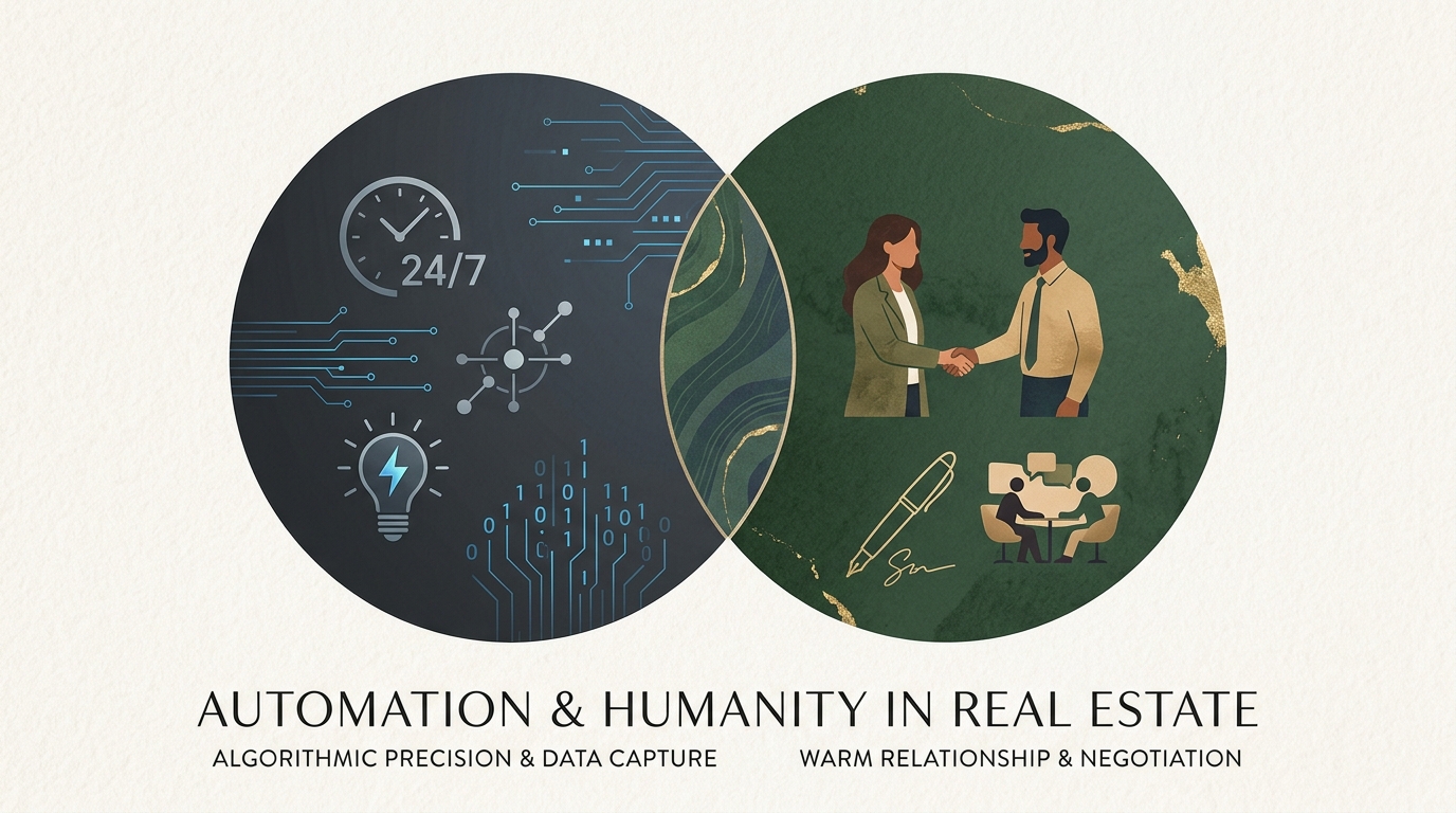 Conceptual illustration contrasting AI lead automation with high-touch human real estate negotiation and closing