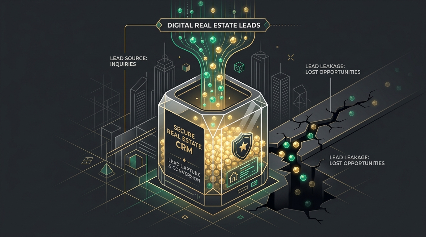 Illustration of real estate lead leakage prevention showing inbound property buyer messages safely captured into an automated CRM pipeline