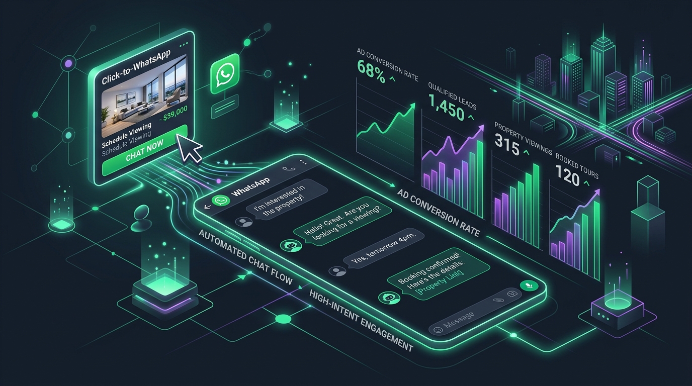 Side-by-side comparison diagram evaluating WhatsApp Business App, traditional Real Estate CRM software, and WhatsApp AI automation
