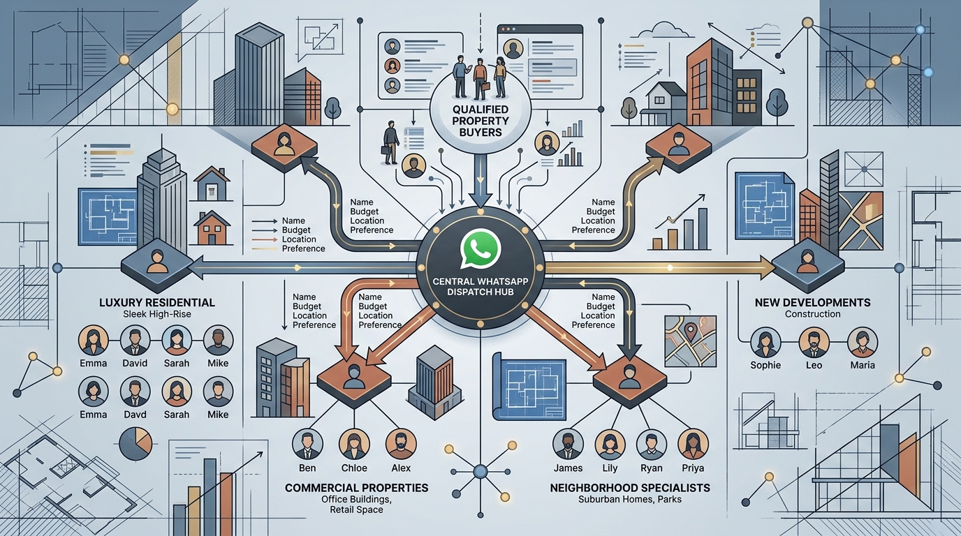 Diagram illustrating multi-agent lead routing and shared WhatsApp CRM management for an Indian real estate brokerage