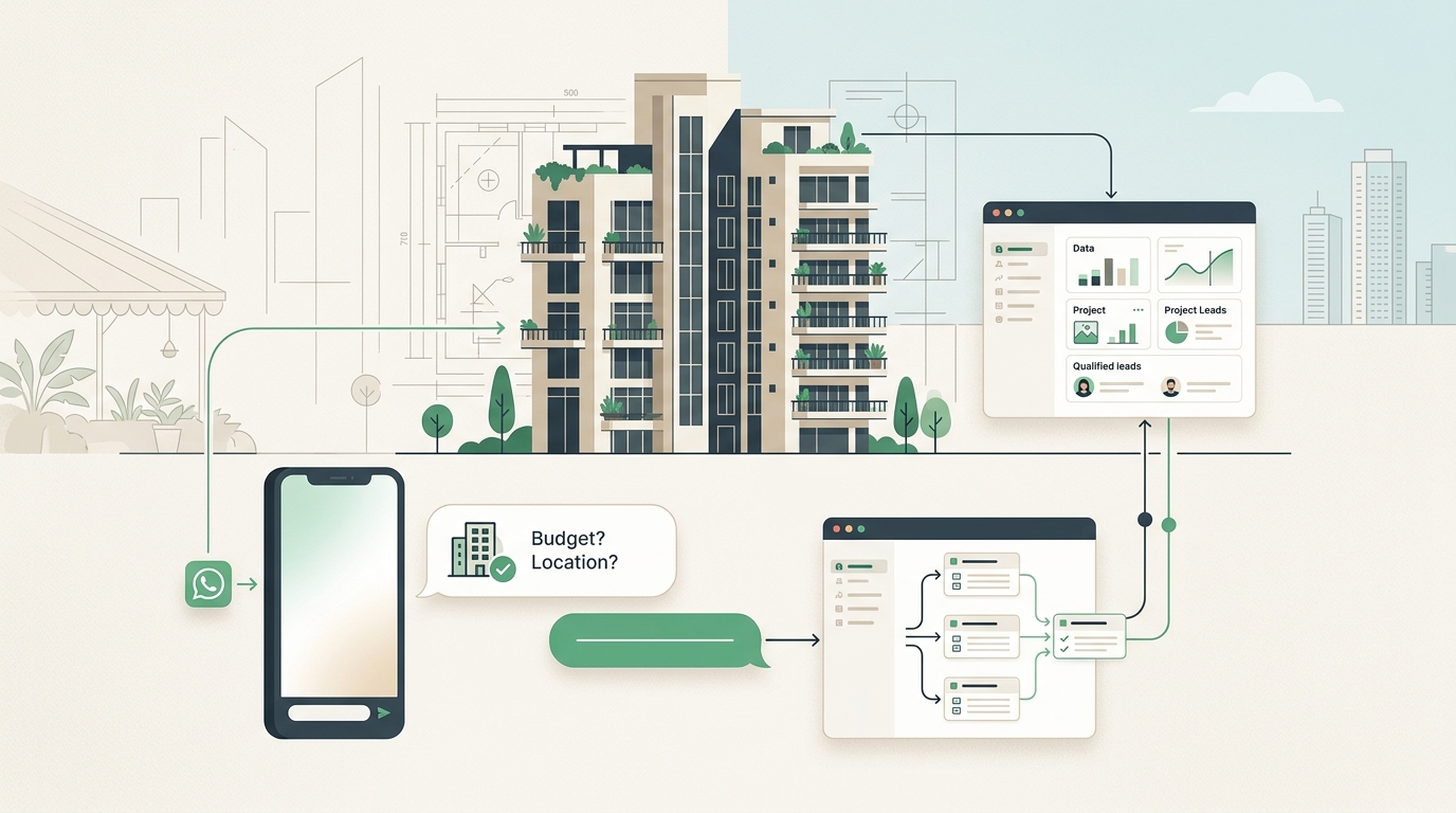 Diagram of an automated WhatsApp lead workflow connecting property portals, AI qualification, and CRM tracking for Indian real estate agents
